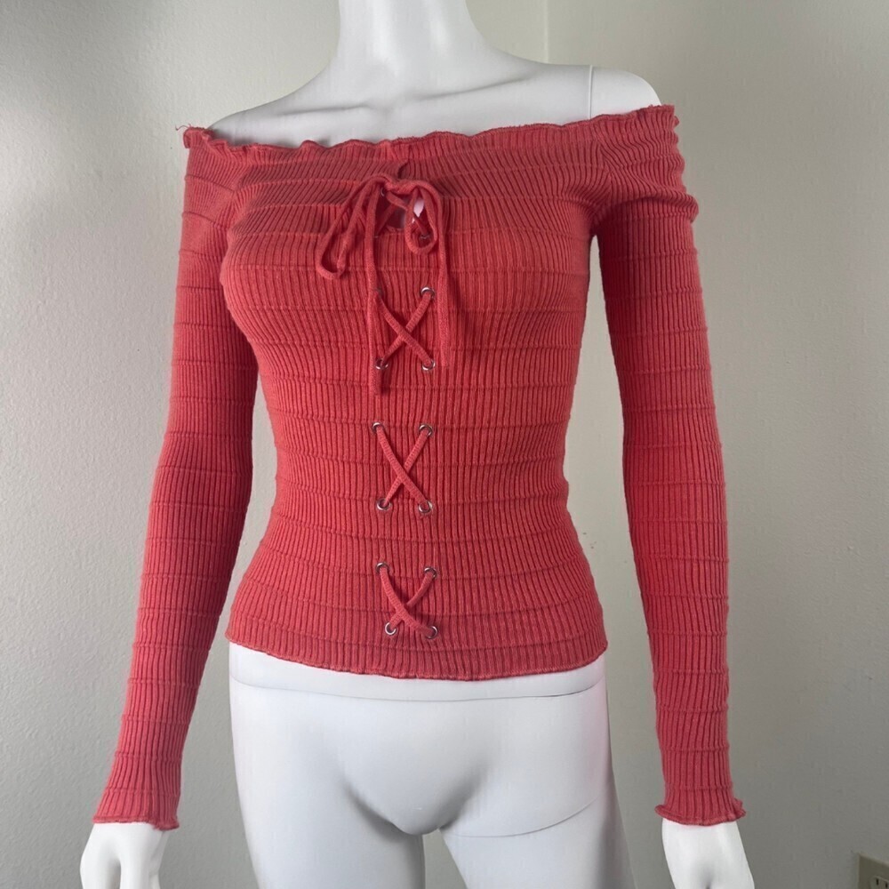 Rue21 Size M Orange Cotton Pullover Lace Up Ruffle Ribbed Long Sleeve Top Boho